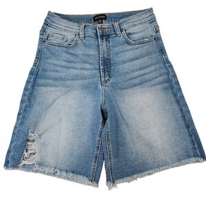 Poison Mushroom Womens High Rise Distressed Bermuda Jean Shorts Light Wash Med